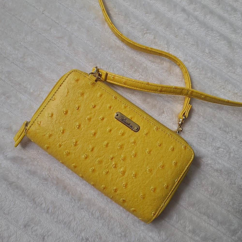 Buxton Crossbody Wallet Handbag  Yellow Faux Ostrich Leather Clutch Detachable